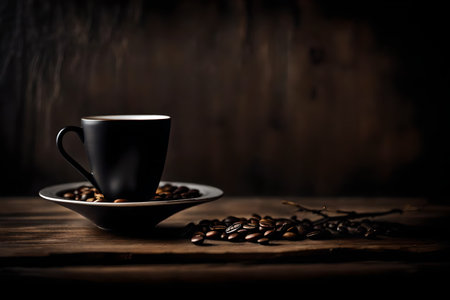 Coffee cup and coffee beans on wooden table with dark backgroundの素材