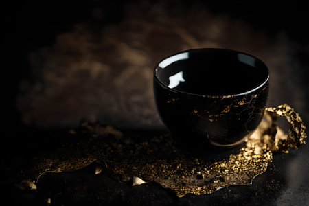 Black cup of coffee on a black background with a lot of smokeの素材