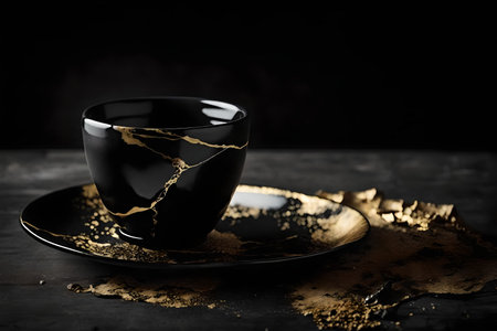 Coffee cup on a black background with golden splashes.の素材