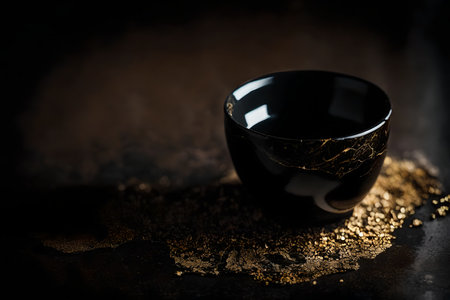 Black cup of tea on a black background with gold powder. Selective focus.の素材