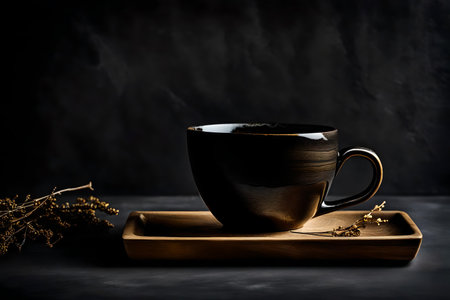 Coffee cup on wooden tray on dark background. Copy space.の素材