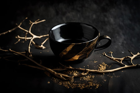 Cup of black tea with dried branches on a black background.の素材