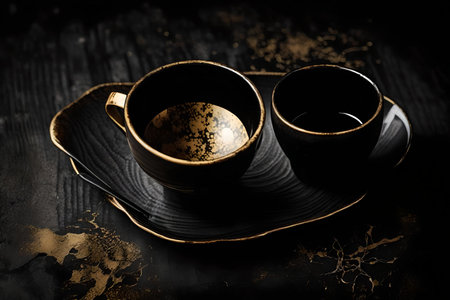 Two cups of tea on a black wooden table. Toned.の素材