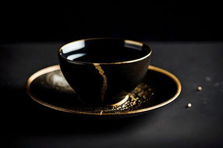 Coffee cup and saucer on black background. Copy space.の素材