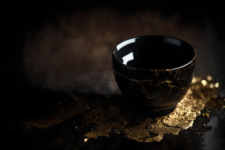 Black cup of tea on a black background with golden powder. Selective focus.の素材