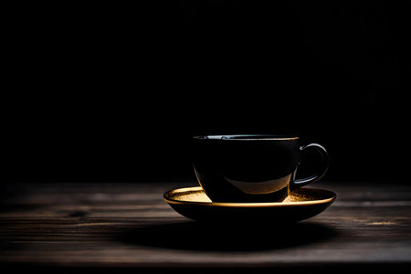 Coffee cup on wooden table. Black background. Selective focus.の素材