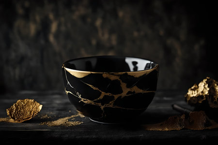Black and gold bowl with gold powder on dark background,still lifeの素材