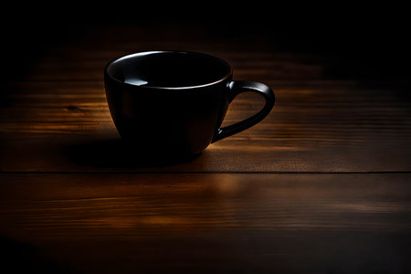 Coffee cup on wooden table. Black coffee cup on dark backgroundの素材