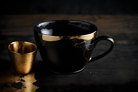 Coffee cup and golden cup on black wooden table. Black background.の素材