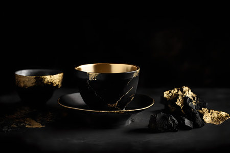 Black tea cup with gold powder on a black background. Copy space.の素材