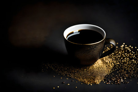 Black coffee in a cup on a black background with golden sand.の素材