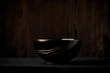 Black ceramic bowl on dark wooden background, shallow depth of field.の素材