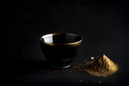 A bowl of powdered matcha tea on a black background. Copy space.の素材