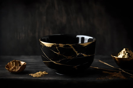 Still life with black and gold bowl and bowl of coffee on wooden backgroundの素材