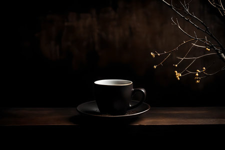 Coffee cup on wooden table with tree branch on dark backgroundの素材