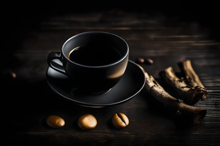 Coffee cup and coffee beans on wooden table. Black background.の素材