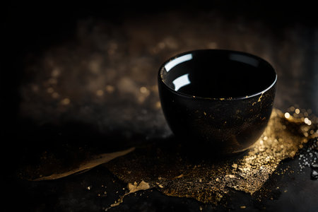 Black cup of tea on a black background with gold powder. Black background.の素材