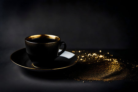 Cup of coffee on a black background with golden sparkles.の素材