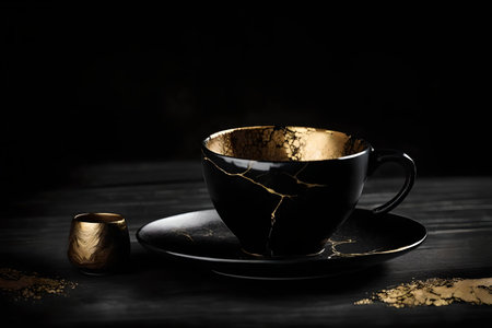 Cup of coffee on a black background with gold powder. Black background.の素材