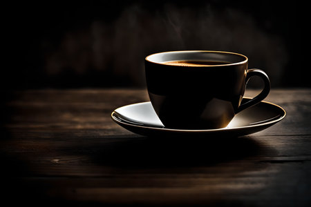 Coffee cup on wooden table with smoke on dark background.の素材