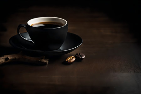 Coffee cup and coffee beans on wooden table with dark backgroundの素材
