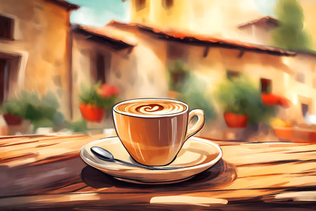 Coffee cup on the table in a cafe. Digital painting.の素材