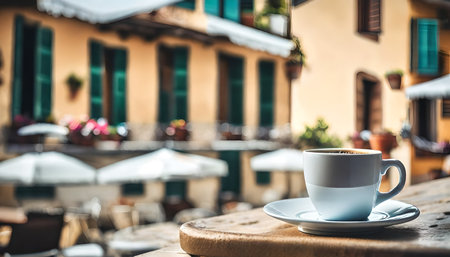 Coffee cup on wooden table in outdoor cafe, stock photoの素材