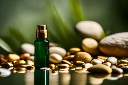 Spa still life with essential oil bottle, stones and green leaves on green backgroundの素材