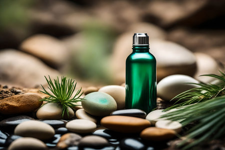Essential oil bottle with spa stones and green plant on stone backgroundの素材