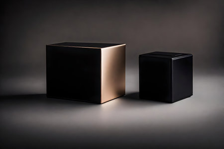 Black and gold box on a dark background. 3d rendering.の素材