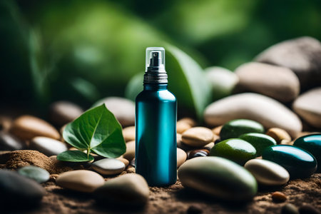 Cosmetic bottle with green leaf and pebbles on natural backgroundの素材