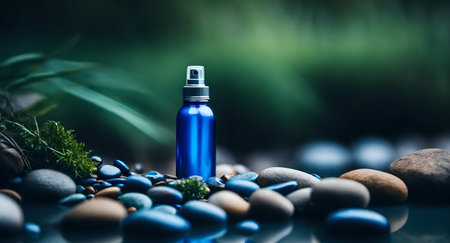 Cosmetic bottle with blue liquid on stone background with green grass.の素材