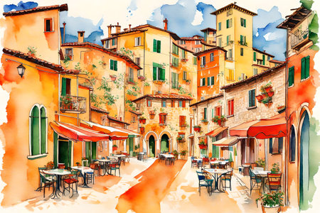 Colorful sketch of street in Venice, Italy. Digital watercolor paintingの素材