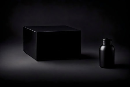 Black cosmetic bottle with black box on black background. 3d renderingの素材