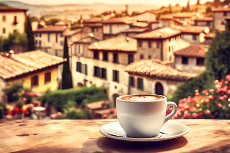 Coffee cup on wooden table in front of Tuscan townの素材