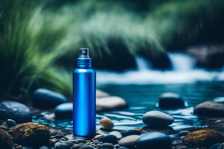 Cosmetic bottle with blue cap on stone in water. Beauty treatment and spa concept.の素材