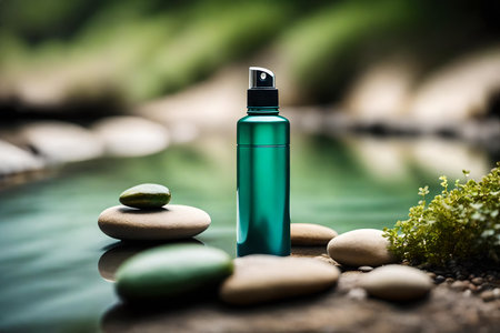 Green bottle of cosmetic product on stone with water and green moss backgroundの素材