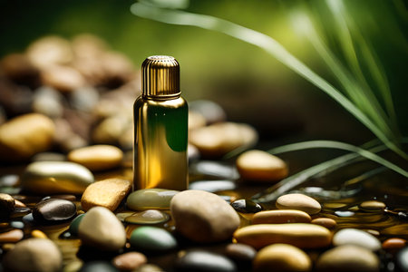 Cosmetic oil in glass bottle on the pebbles background.の素材