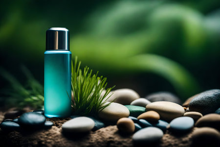 Cosmetic bottle on pebble background with green plants. Spa concept.の素材