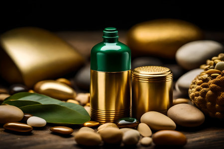 Spa still life with cosmetic bottles, stones and leaves on wooden backgroundの素材