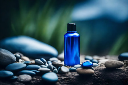 Blue glass cosmetic bottle on dark stone background. Beauty and spa concept.の素材