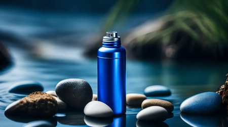 Cosmetic bottle on the blue background with stones and water reflection.の素材