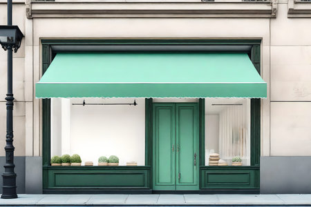 Green shop window with awning on the street. 3d renderingの素材