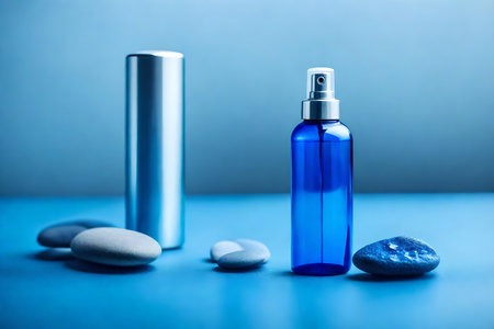 bottle of cosmetic product on a blue background with pebblesの素材