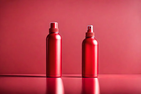 Two red spray bottles on a red background, close-up.の素材