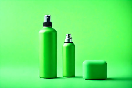 Green cosmetic bottles on green background. Beauty and health care concept.の素材