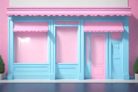 3d render of a blue shop window with pink walls and blue doorsの素材