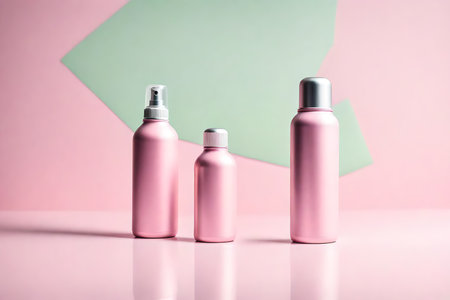 Cosmetic bottles on pink and green background. Beauty and spa concept.の素材