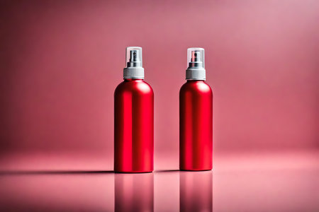 Red spray bottle on a pink background with reflection. Beauty concept.の素材