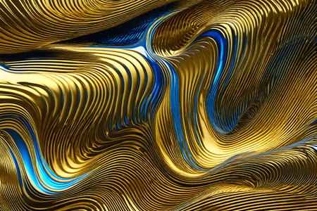Gold metallic wavy background. 3d rendering, 3d illustration.の素材